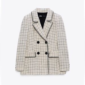 ZARA WOMAN NWT DOUBLE BREASTED TEXTURED WEAVE JACKET ECRU BLACK